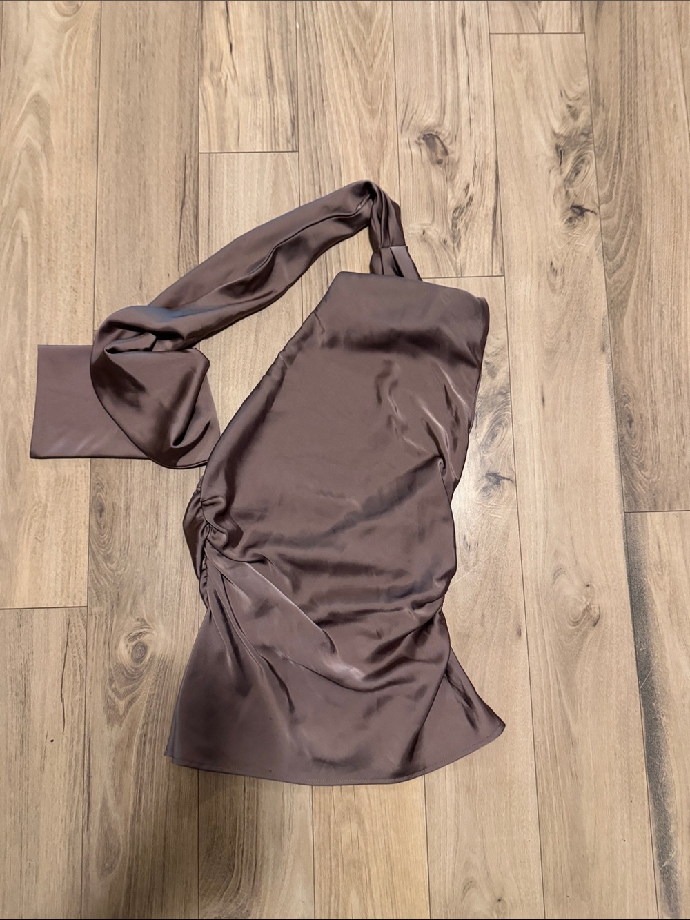 Zara One-Shoulder Satin Dress in Taupe Brown